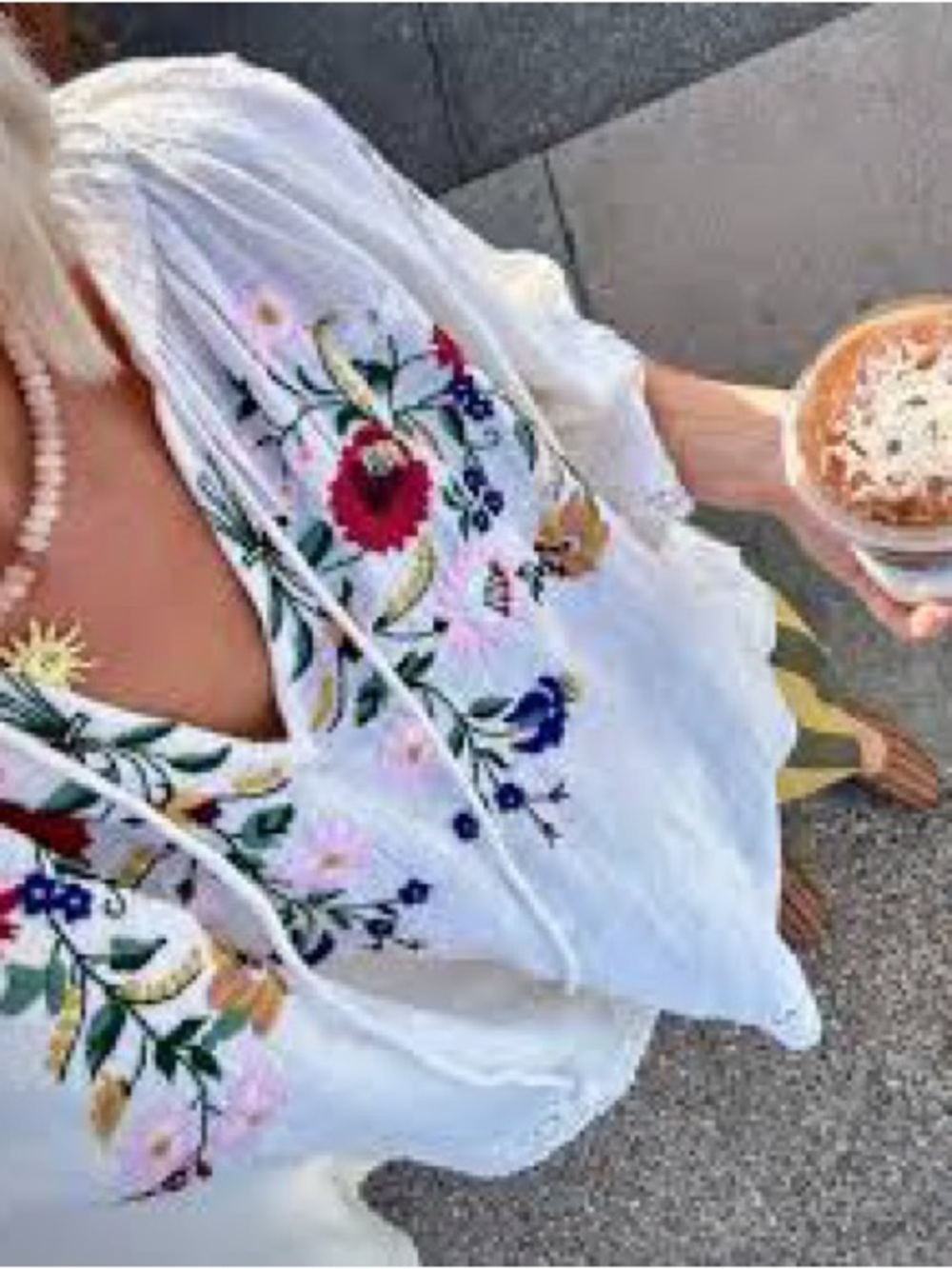White V-Neck Embroidered Tunic Top with Floral Detail